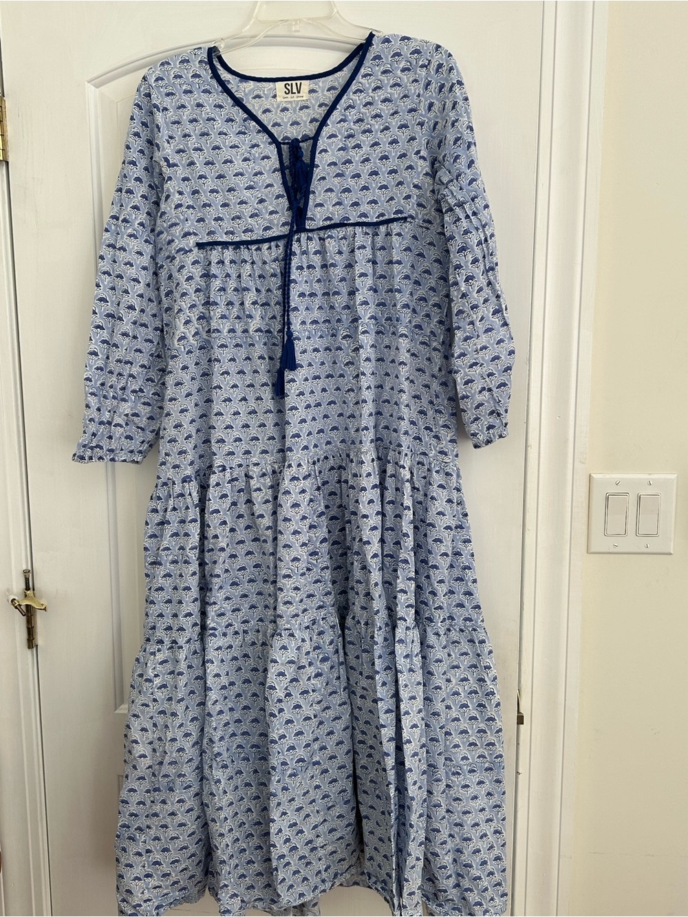SLV Light Blue Printed Tiered Maxi Dress with Navy Trim and Tassel Tie